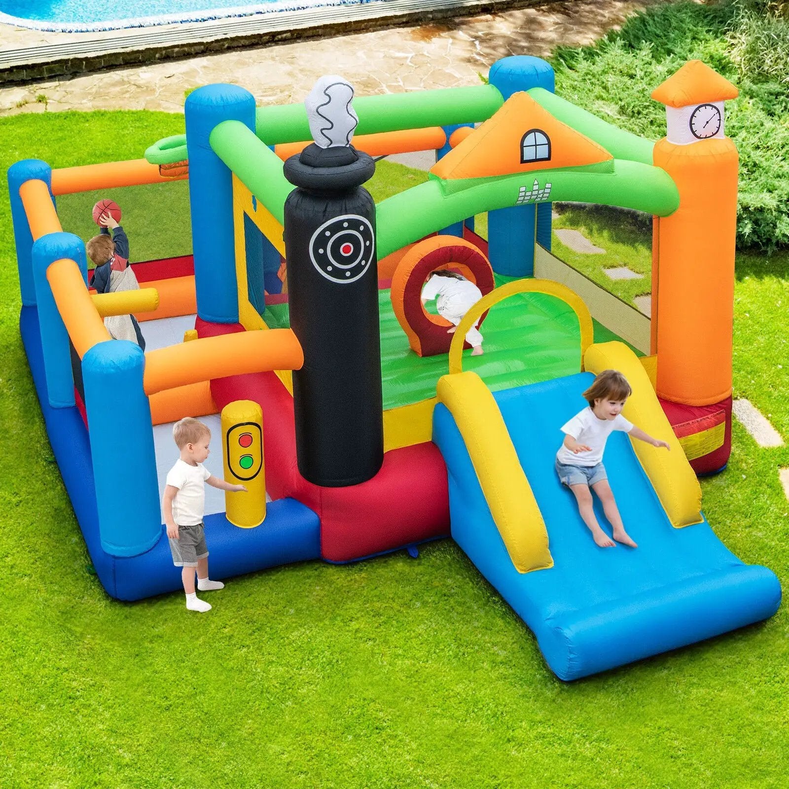 Train Themed Kids Bouncer with Slide and Basketball Hoop with 950W Air Blower by DirectDeals