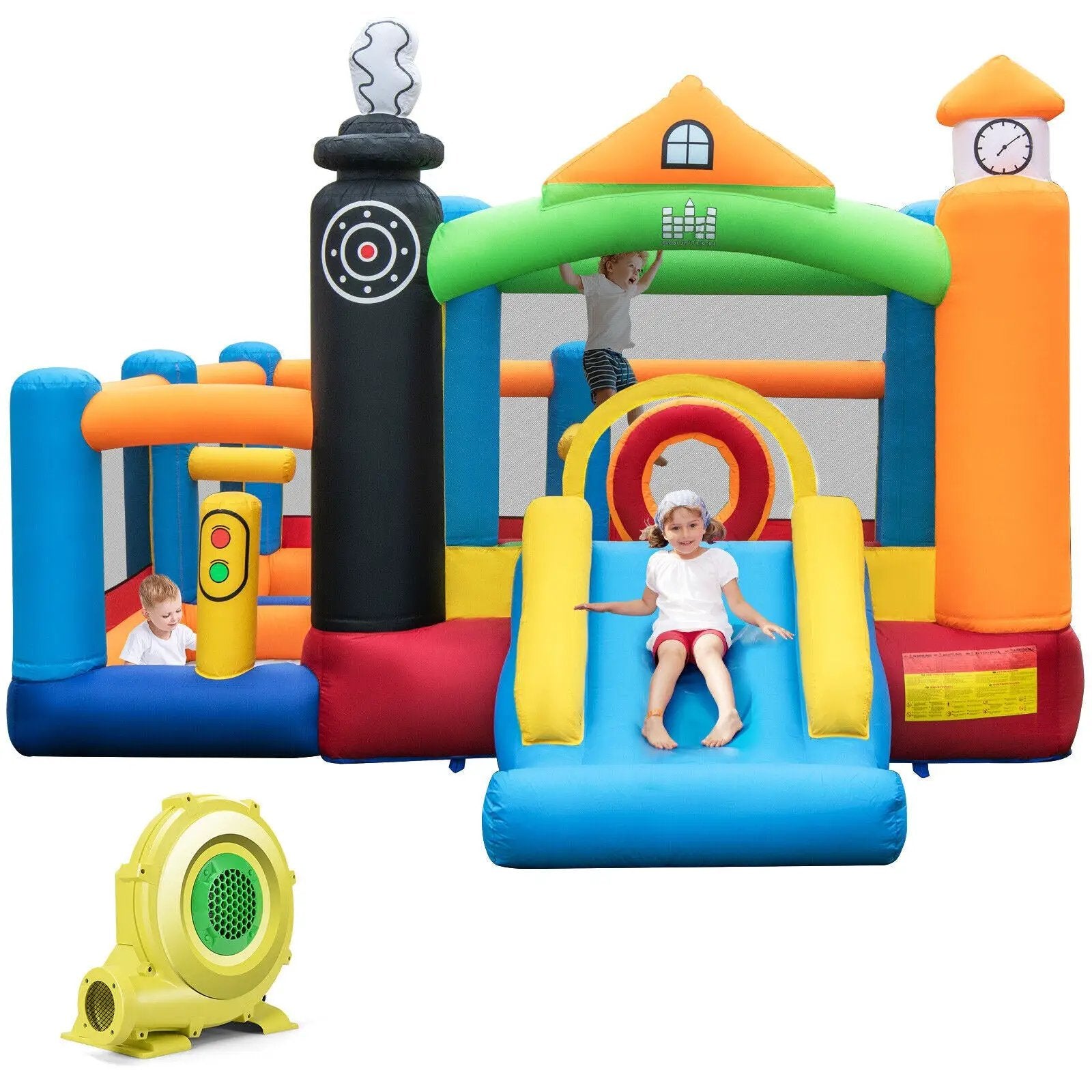 Train Themed Kids Bouncer with Slide and Basketball Hoop with 950W Air Blower by DirectDeals