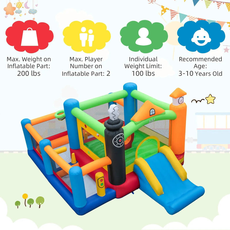 Train Themed Kids Bouncer with Slide and Basketball Hoop with 950W Air Blower by DirectDeals