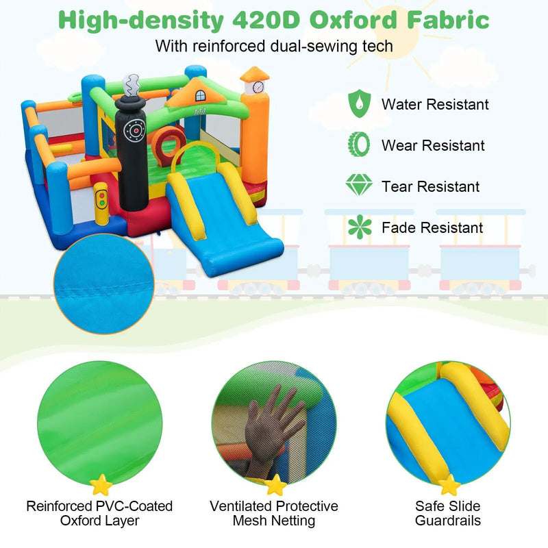 Train Themed Kids Bouncer with Slide and Basketball Hoop with 950W Air Blower by DirectDeals