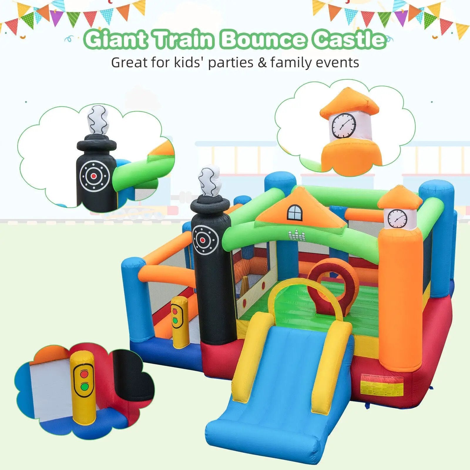 Train Themed Kids Bouncer with Slide and Basketball Hoop with 950W Air Blower by DirectDeals
