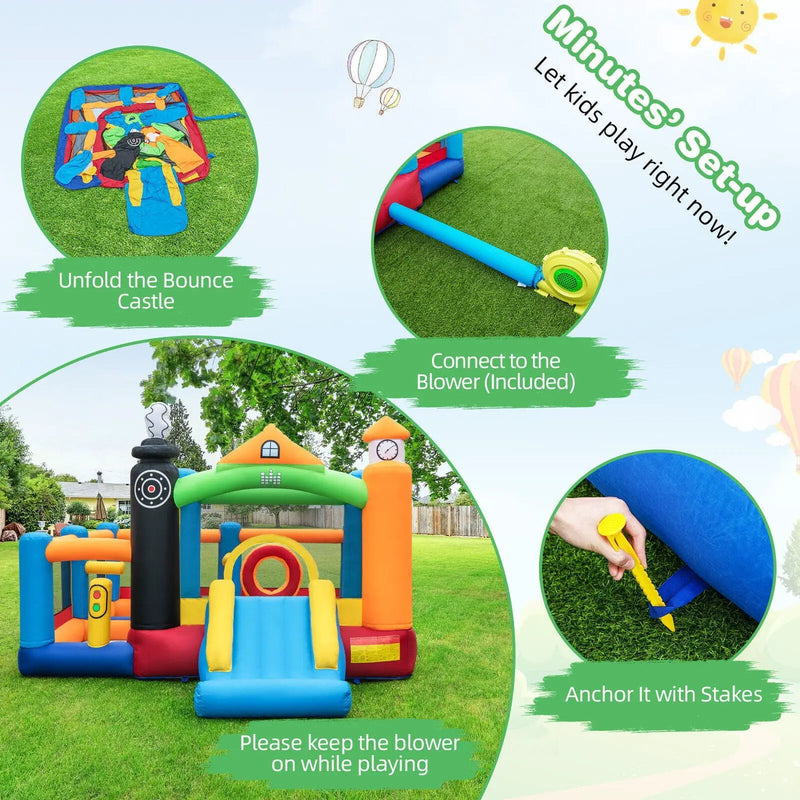 Train Themed Kids Bouncer with Slide and Basketball Hoop with 950W Air Blower by DirectDeals