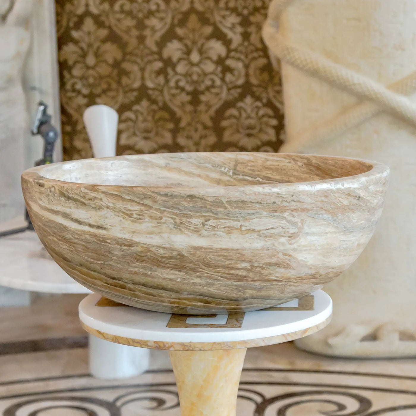 Travertine Onyx Natural Stone Round Vessel Sink - 16 Inch Diameter by GobekDesign