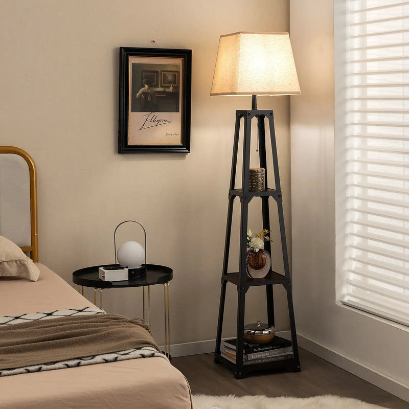 Trapezoidal Designed Floor Lamp with 3 Tiered Storage Shelf-Brown by DirectDeals