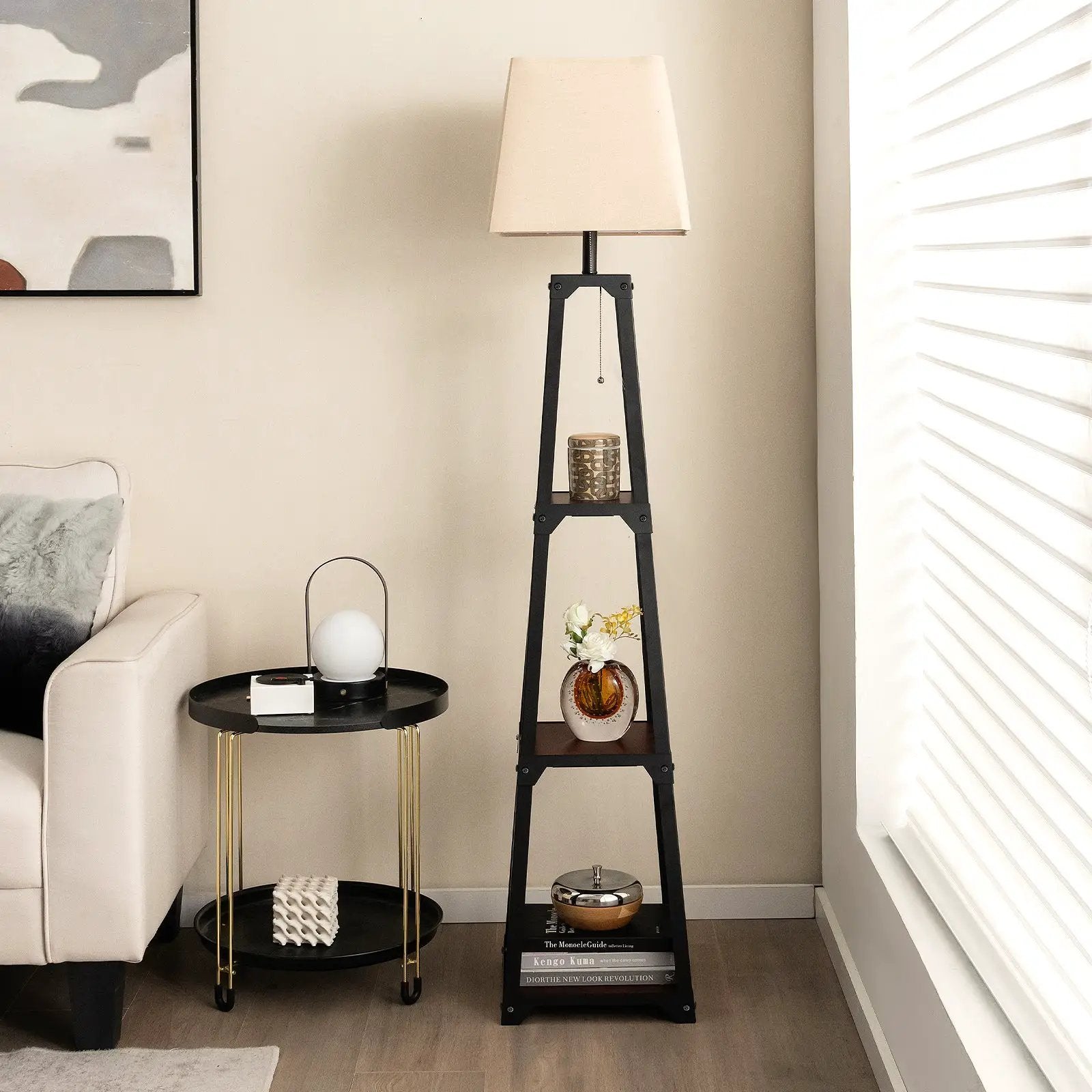 Trapezoidal Designed Floor Lamp with 3 Tiered Storage Shelf-Brown by DirectDeals
