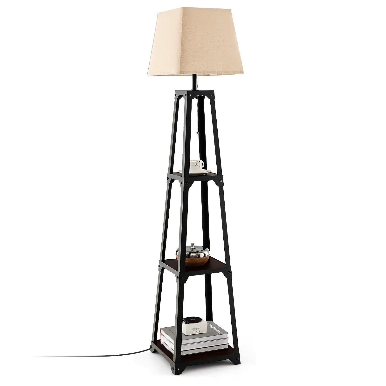 Trapezoidal Designed Floor Lamp with 3 Tiered Storage Shelf-Brown by DirectDeals