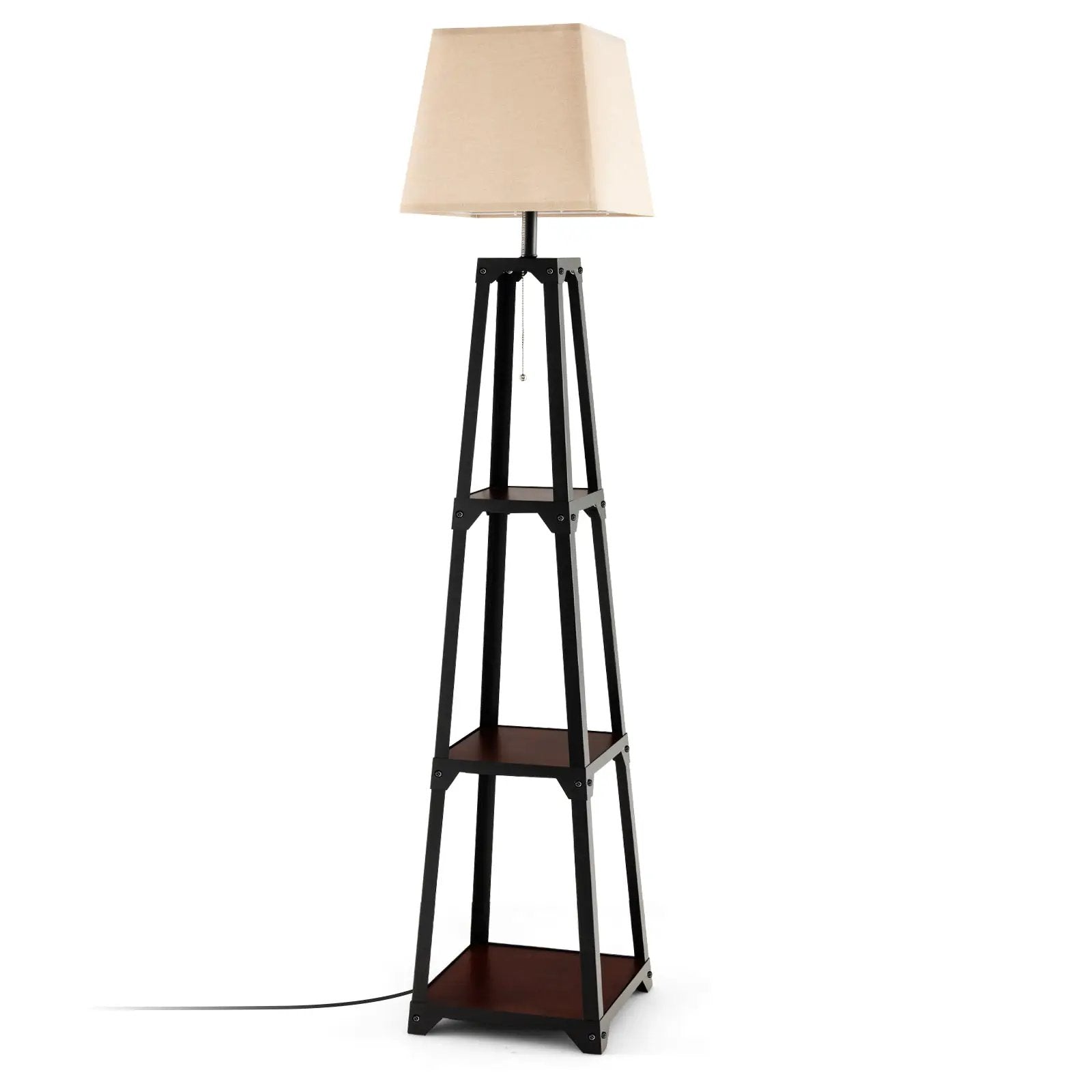 Trapezoidal Designed Floor Lamp with 3 Tiered Storage Shelf-Brown by DirectDeals