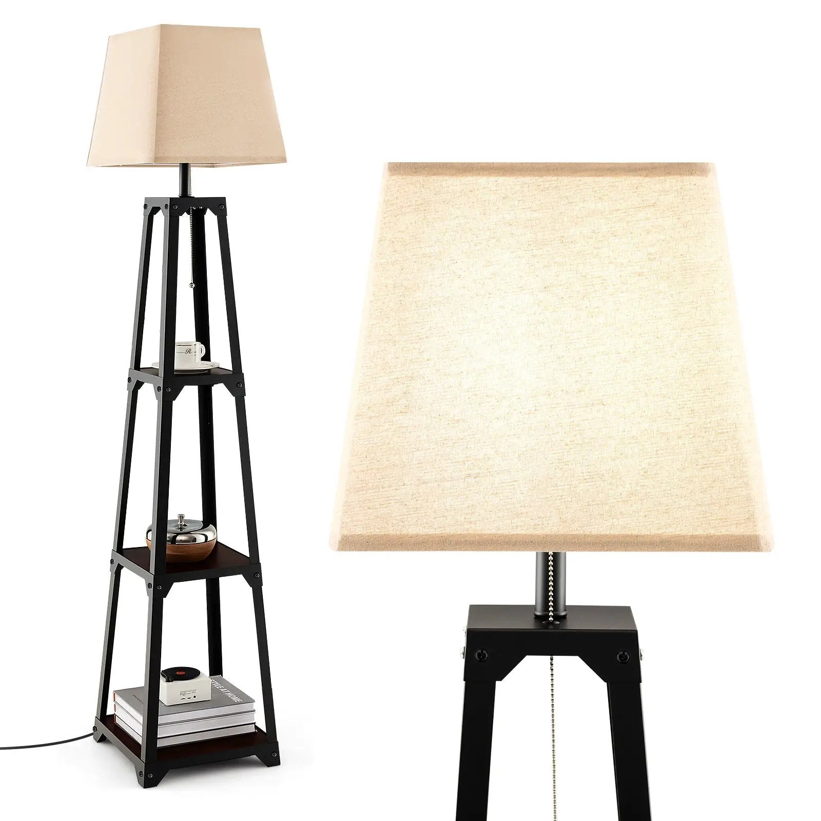 Trapezoidal Designed Floor Lamp with 3 Tiered Storage Shelf-Brown by DirectDeals