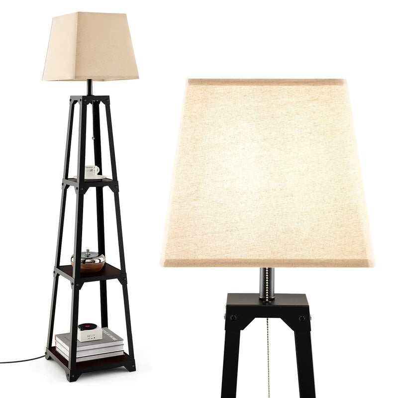 Trapezoidal Designed Floor Lamp with 3 Tiered Storage Shelf-Brown by DirectDeals