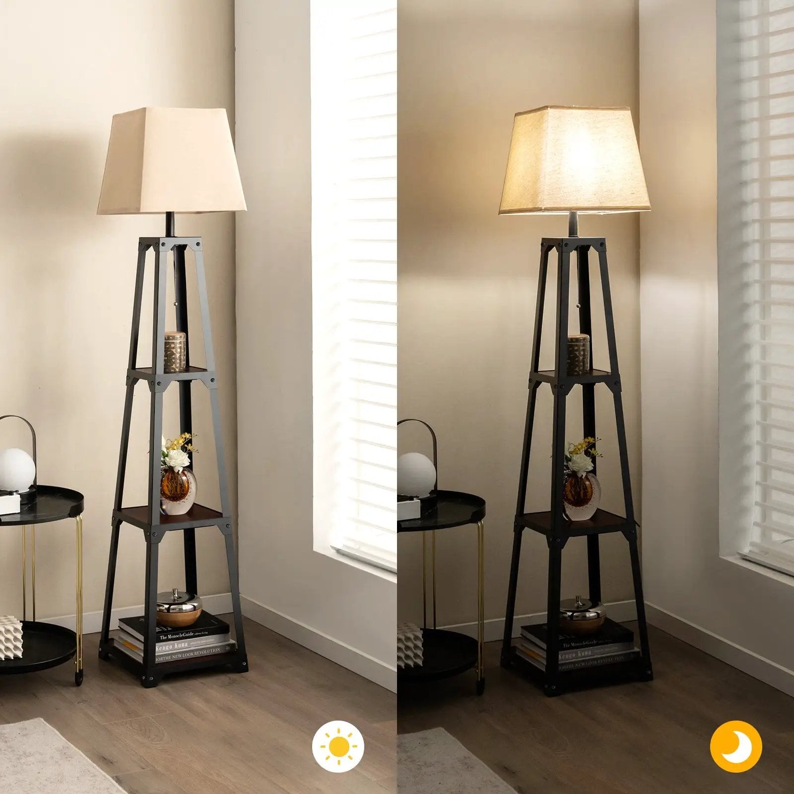 Trapezoidal Designed Floor Lamp with 3 Tiered Storage Shelf-Brown by DirectDeals