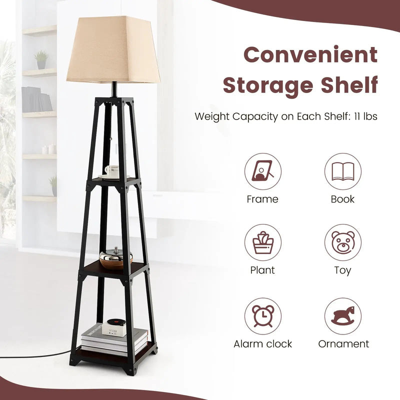 Trapezoidal Designed Floor Lamp with 3 Tiered Storage Shelf-Brown by DirectDeals