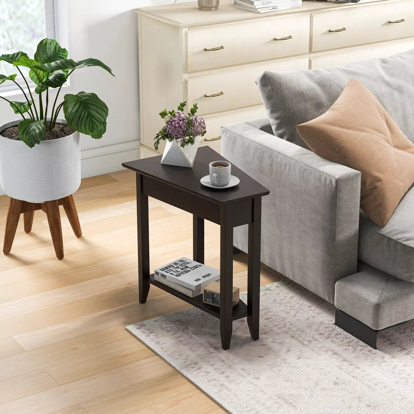2-Tier Wedge Narrow End Table with Storage Shelf and Solid Wood Legs by DirectDeals