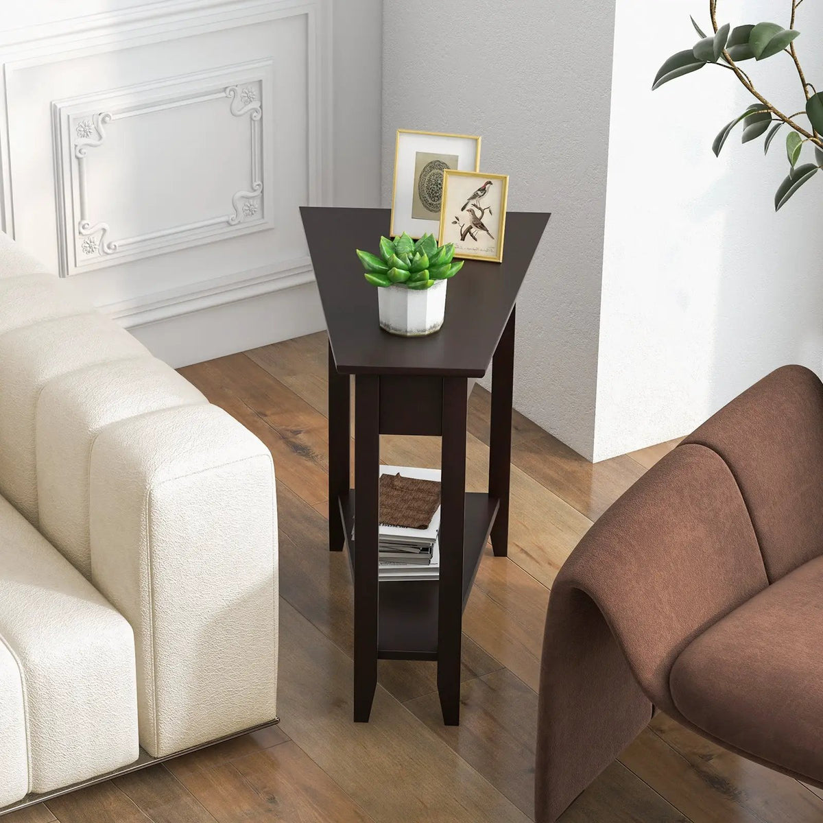 2-Tier Wedge Narrow End Table with Storage Shelf and Solid Wood Legs by DirectDeals