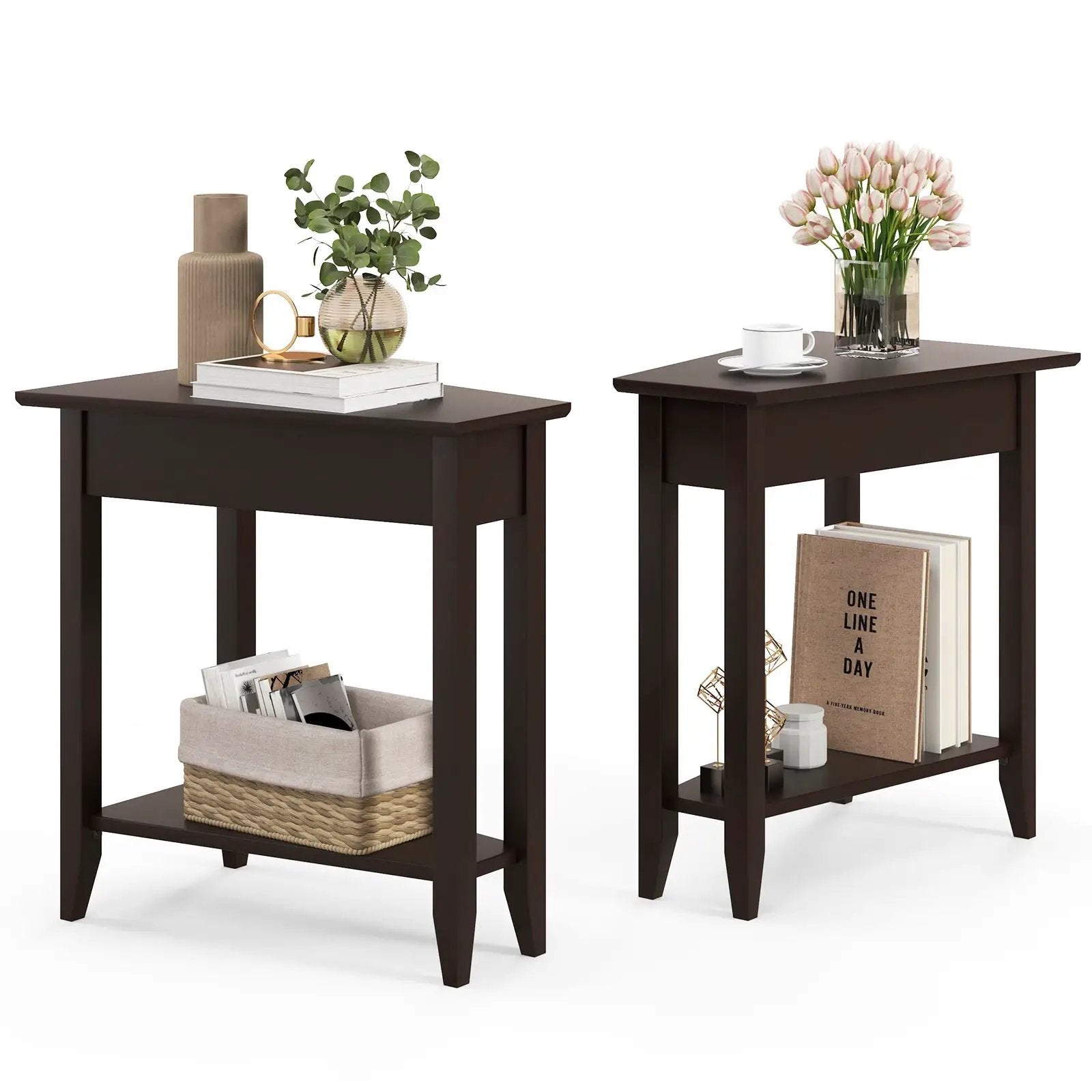 2-Tier Wedge Narrow End Table with Storage Shelf and Solid Wood Legs by DirectDeals