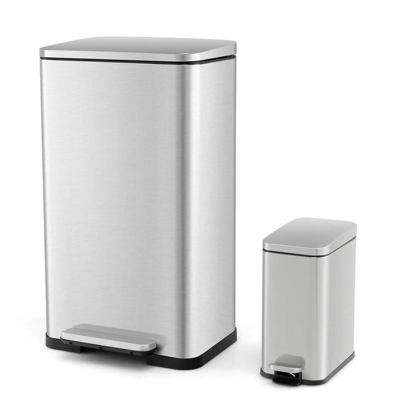 10.5 Gal and 1.6 Gal Step Trash Can Combo Set with Detachable Inner Buckets-Silver by DirectDeals