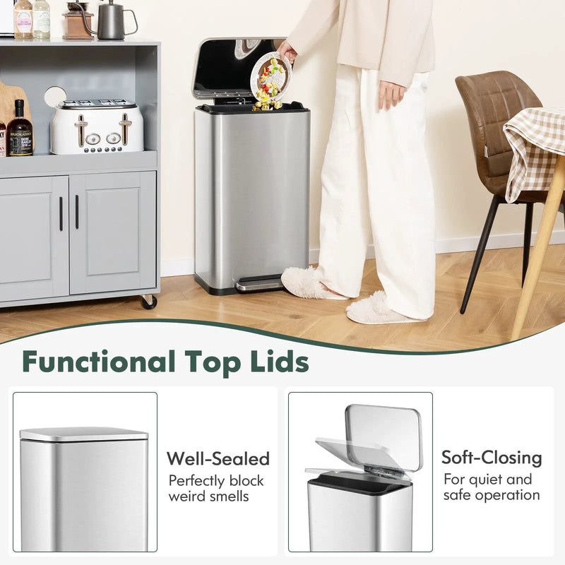 10.5 Gal and 1.6 Gal Step Trash Can Combo Set with Detachable Inner Buckets-Silver by DirectDeals