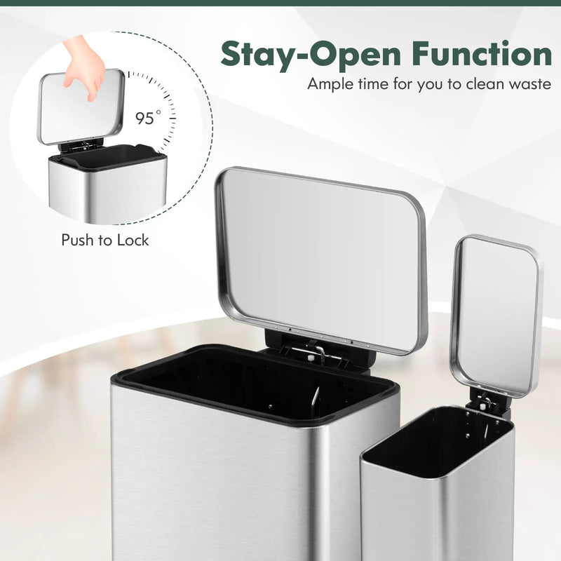 10.5 Gal and 1.6 Gal Step Trash Can Combo Set with Detachable Inner Buckets-Silver by DirectDeals