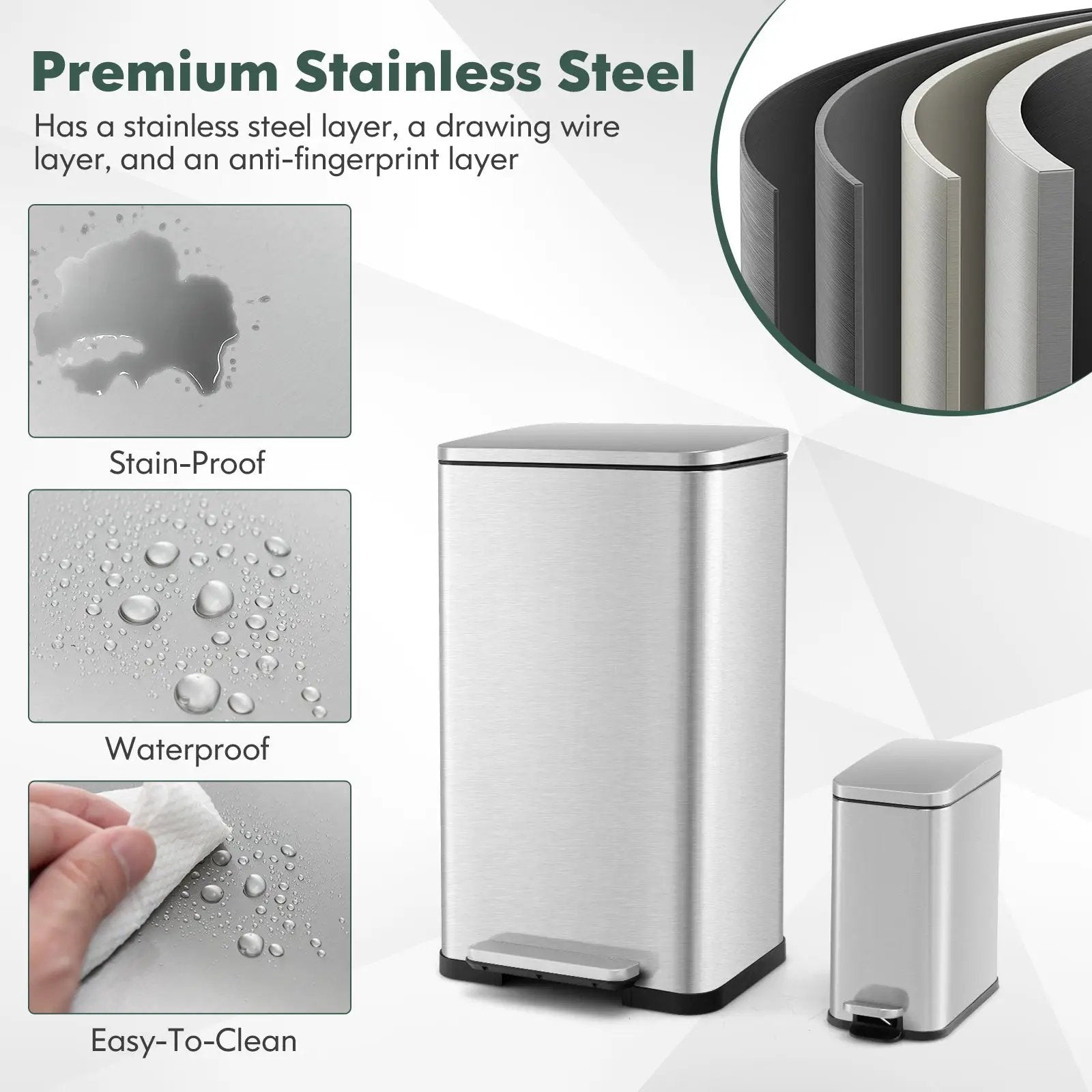 10.5 Gal and 1.6 Gal Step Trash Can Combo Set with Detachable Inner Buckets-Silver by DirectDeals