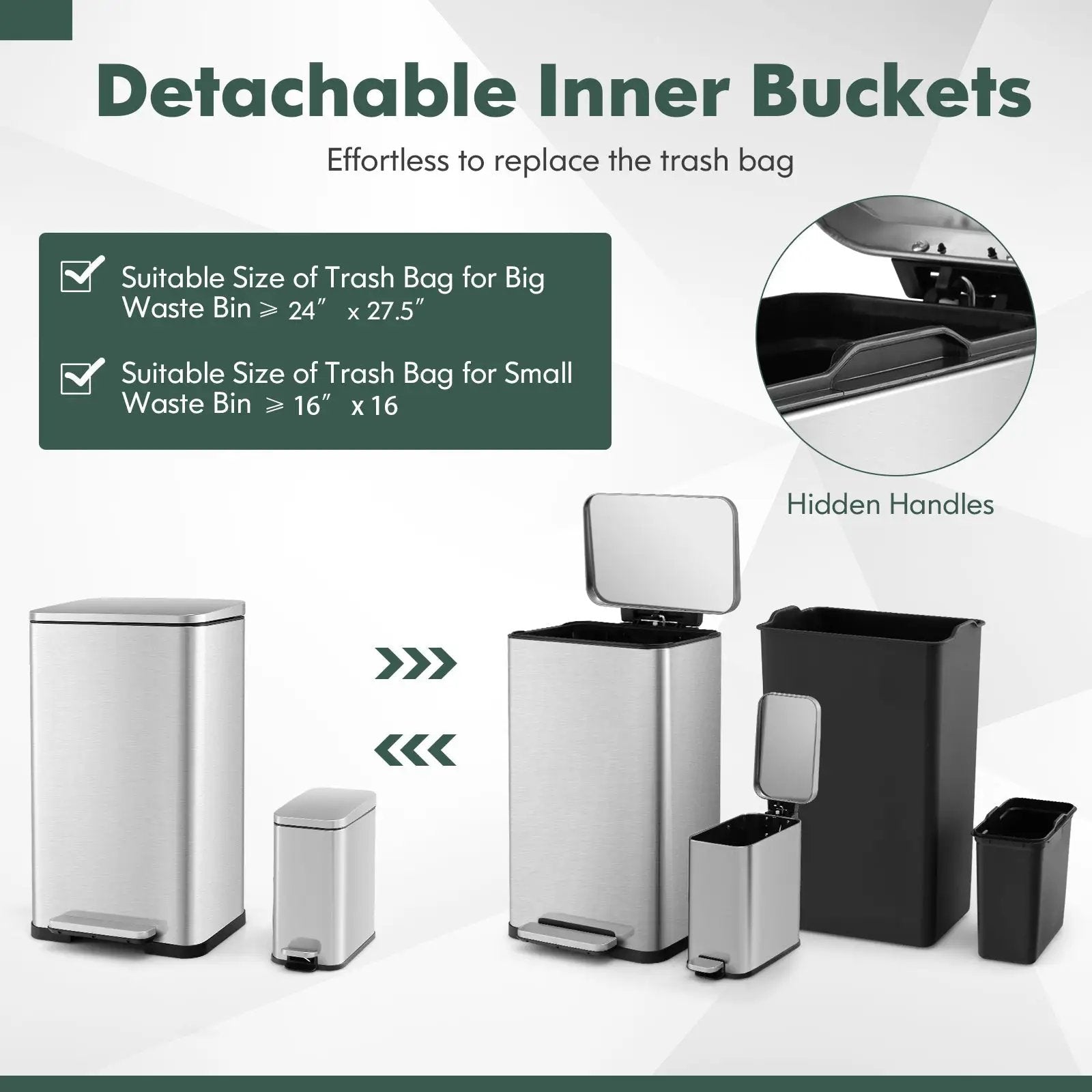 10.5 Gal and 1.6 Gal Step Trash Can Combo Set with Detachable Inner Buckets-Silver by DirectDeals