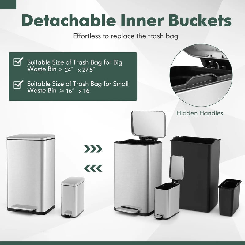10.5 Gal and 1.6 Gal Step Trash Can Combo Set with Detachable Inner Buckets-Silver by DirectDeals