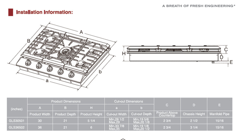 36" Stainless Steel Tri-Ring Gas Cooktop Series | GLS36502, dimensions drawing
