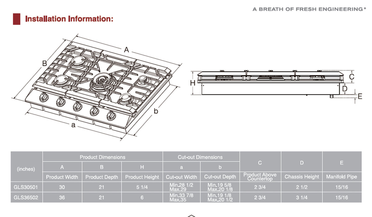 30" Stainless Steel Tri-Ring Gas Cooktop Series | GLS30501, dimensions drawing
