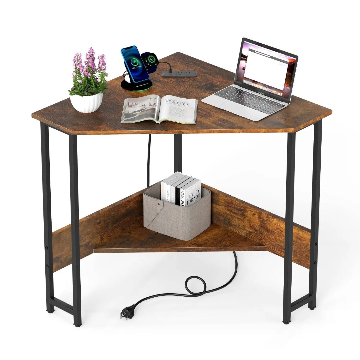 Triangle Corner Desk with Charging Station - Rustic Brown by DirectDeals