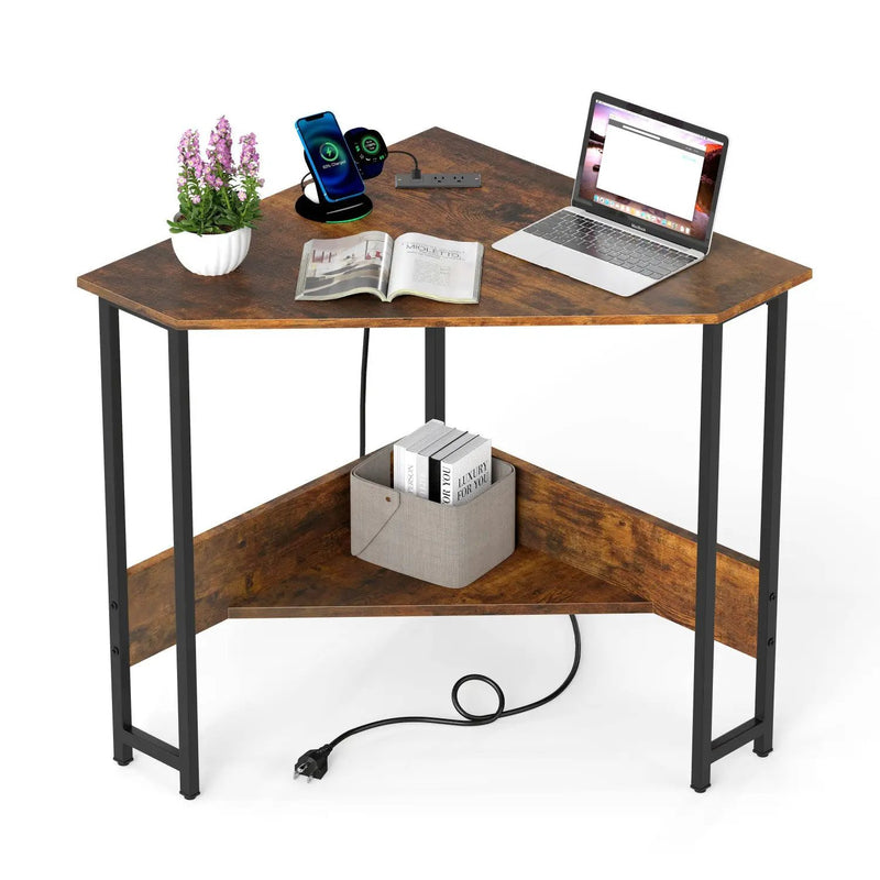Triangle Corner Desk with Charging Station - Rustic Brown by DirectDeals