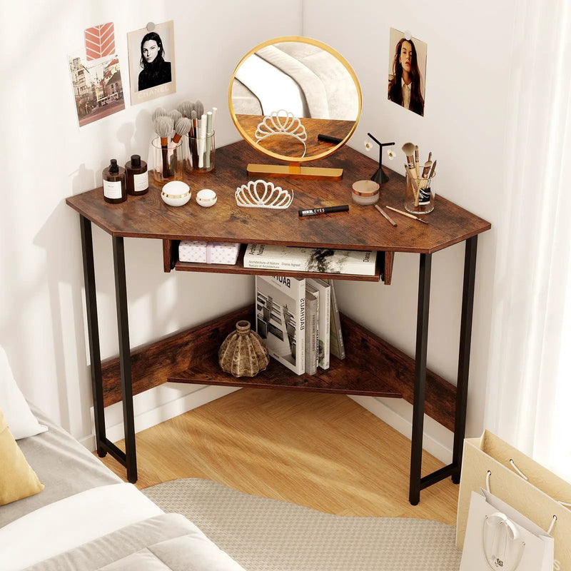Triangle Corner Desk with Charging Station Keyboard Tray and Storage Shelf-Rustic Brown by DirectDeals