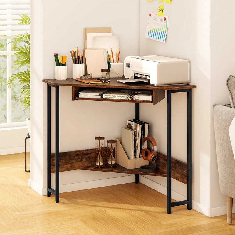 Triangle Corner Desk with Charging Station Keyboard Tray and Storage Shelf-Rustic Brown by DirectDeals