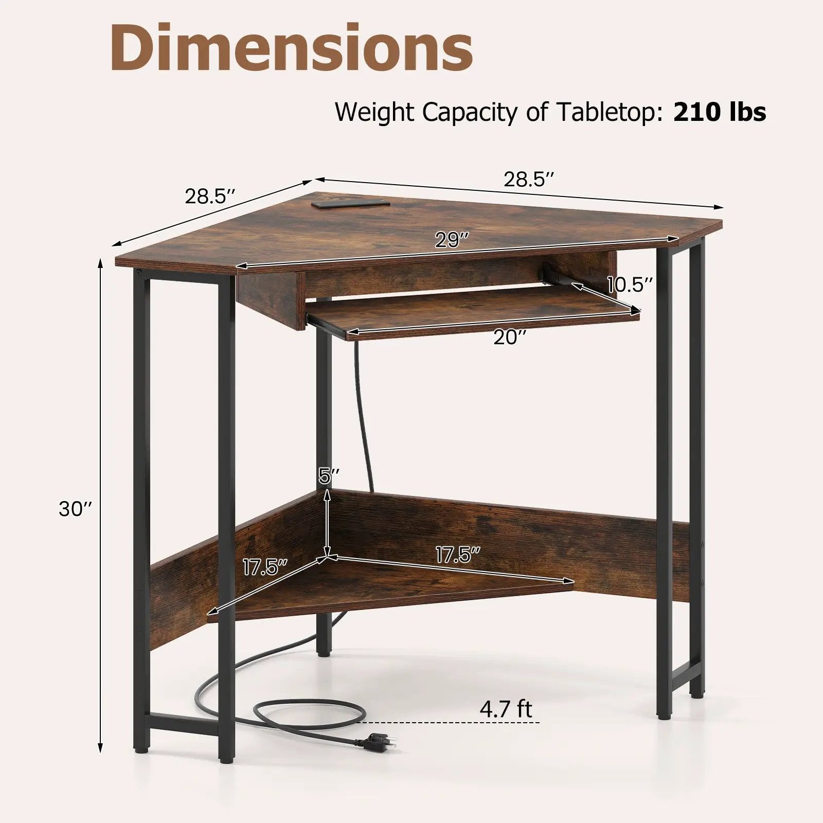 Triangle Corner Desk with Charging Station Keyboard Tray and Storage Shelf-Rustic Brown by DirectDeals