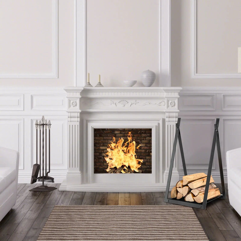 Triangle Firewood Rack with Raised Base for Fireplace Fire Pit-Black by DirectDeals