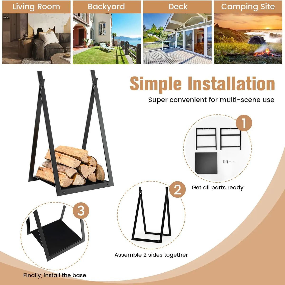 Triangle Firewood Rack with Raised Base for Fireplace Fire Pit-Black by DirectDeals