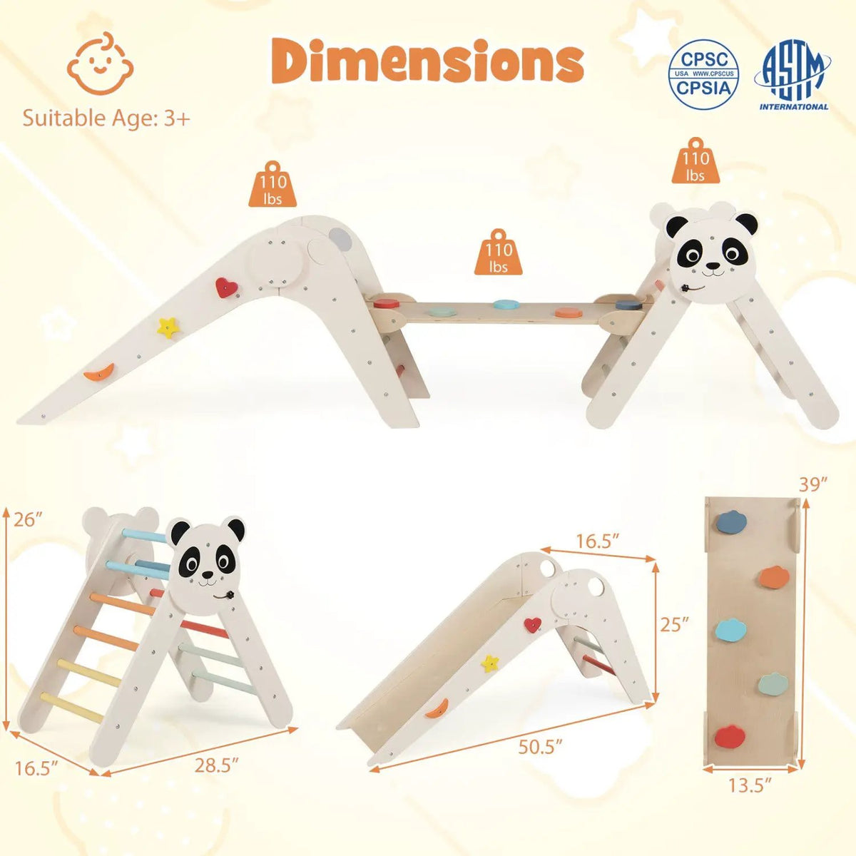 Triangle Set Foldable Kids Climbing Toys Panda-Themed Wood Montessori Climbing Set by DirectDeals