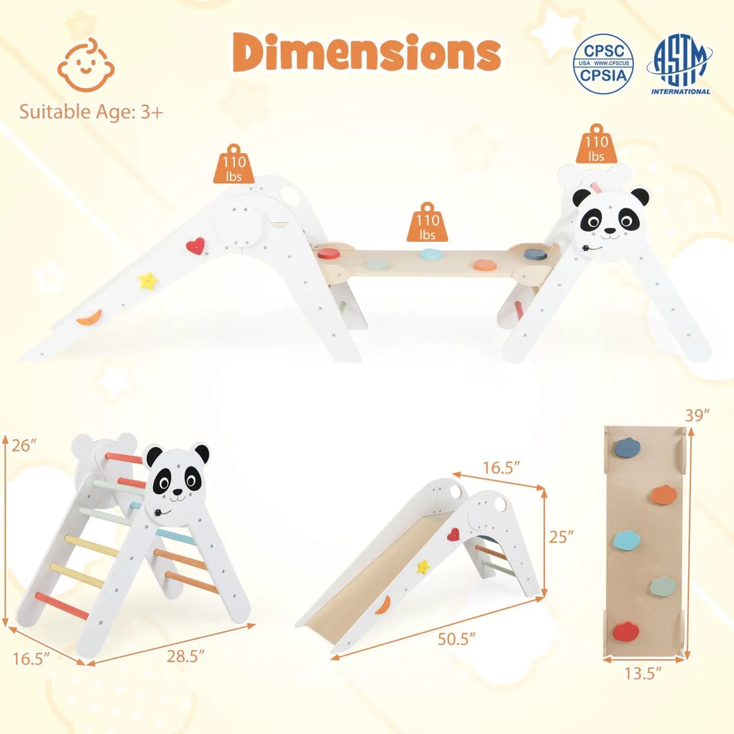 Triangle Set Foldable Kids Climbing Toys Panda-Themed Wood Montessori Climbing Set by DirectDeals