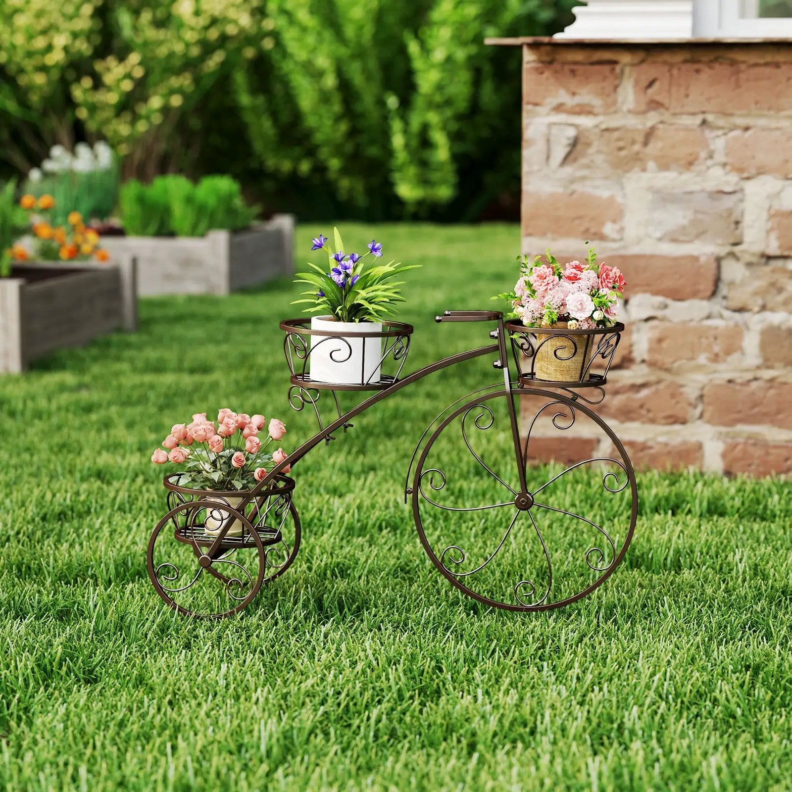 Tricycle Plant Stand Flower Pot Cart Holder with 3 Hollowed Baskets by DirectDeals