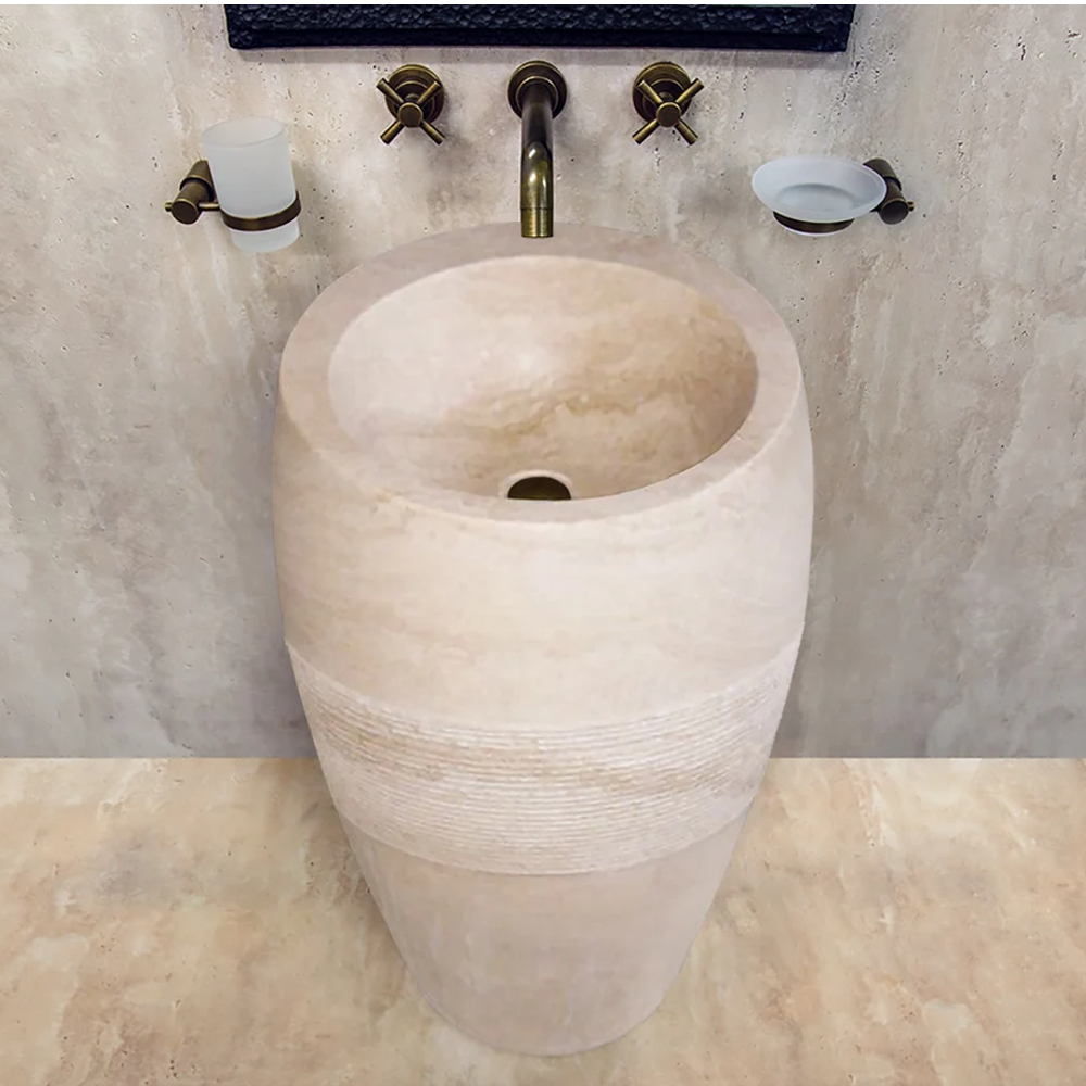 Troia Light Travertine Pedestal Stand-alone Sink Curved Honed (D)16" (H)33.5" by GobekDesign