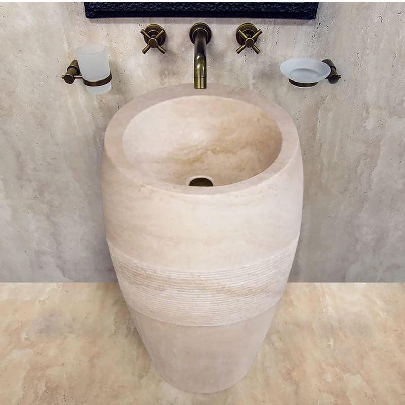 Troia Light Travertine Pedestal Stand-alone Sink Curved Honed (D)16" (H)33.5" by GobekDesign