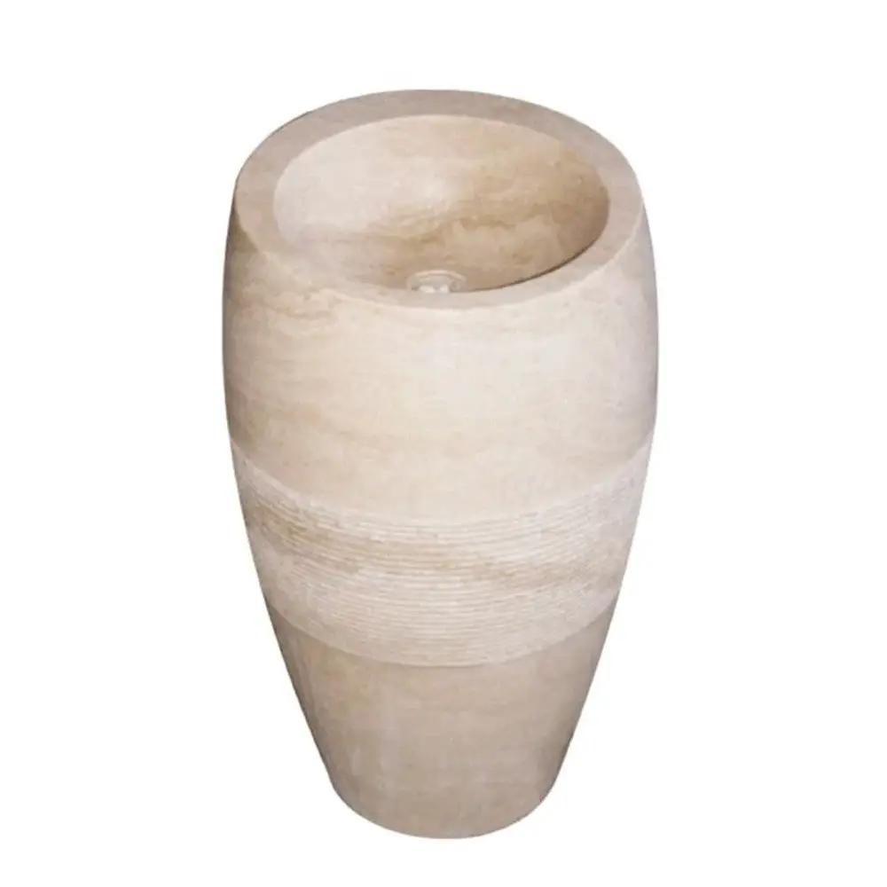 Light Travertine Curved Pedestal Hand Carved Stone Sink Honed Finish 16 x 33.5 Inch by GobekDesign