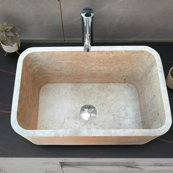 Travertine Light Rectangular Apron Farm Sink Hand Honed and Filled 18x30x10