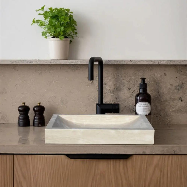 Turkish Light Travertine Rectangular Vessel Sink - Honed and Filled 16x27.5 Inches
