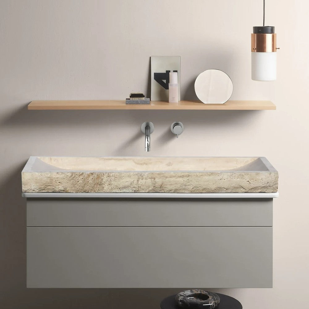 Troia Light Travertine Rectangular Vessel Sink Honed and Hand-Split (W)16" (L)48" (H)4" by GobekDesign
