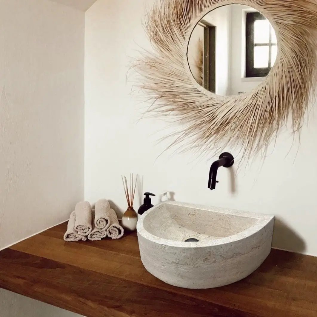 Natural Light Travertine Half Round Wall-Mounted Bathroom Sink Basin 10x16x6 Inch by GobekDesign