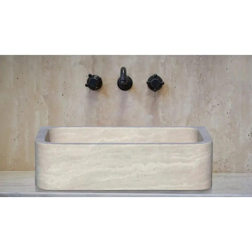Light Travertine Farmhouse Apron Sink 18x27.5x7 - Honed and Filled Turkish Stone by GobekDesign