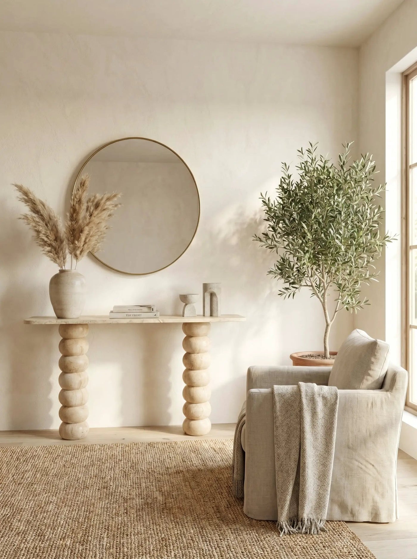 Light Travertine Natural Stone Designer Console Table - Premium Handcrafted Honed Finish by GobekDesign