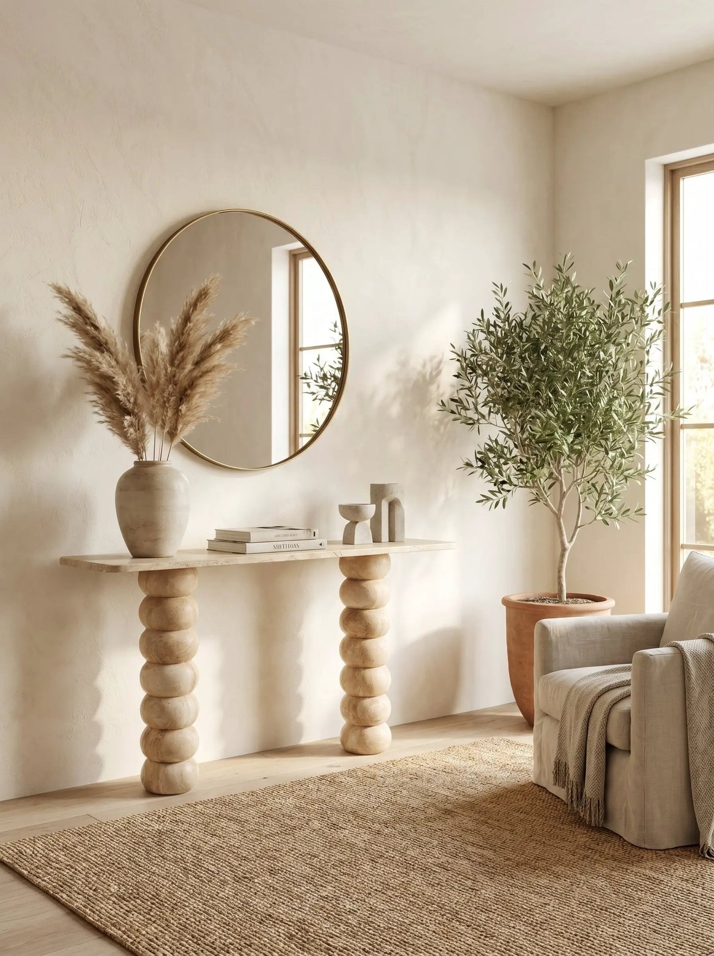 Light Travertine Natural Stone Designer Console Table - Premium Handcrafted Honed Finish by GobekDesign