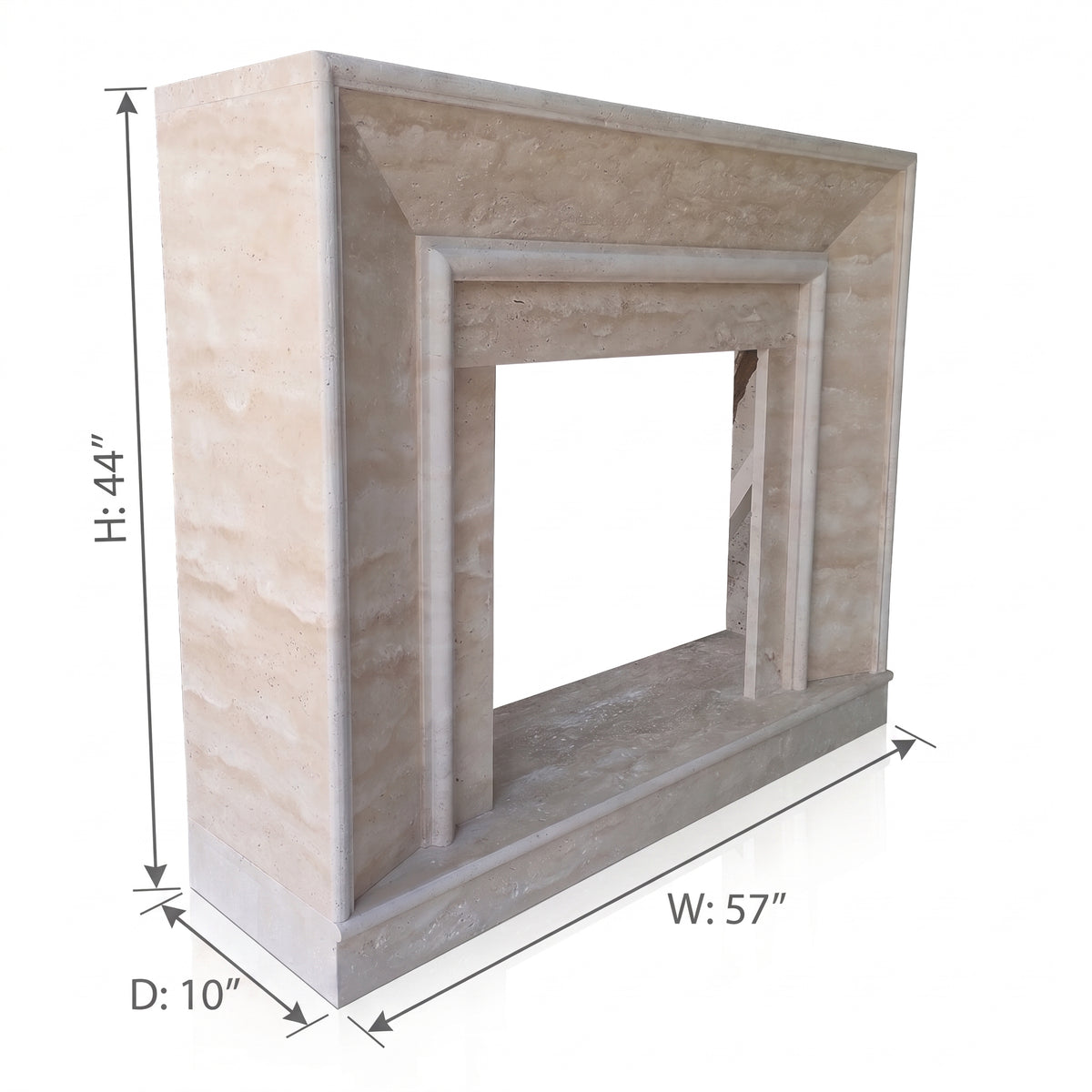 A beige stone fireplace mantel and hearth surround shown at an angle with dimension labels indicating height 44 inches, width 57 inches, and depth 10 inches on a white background.