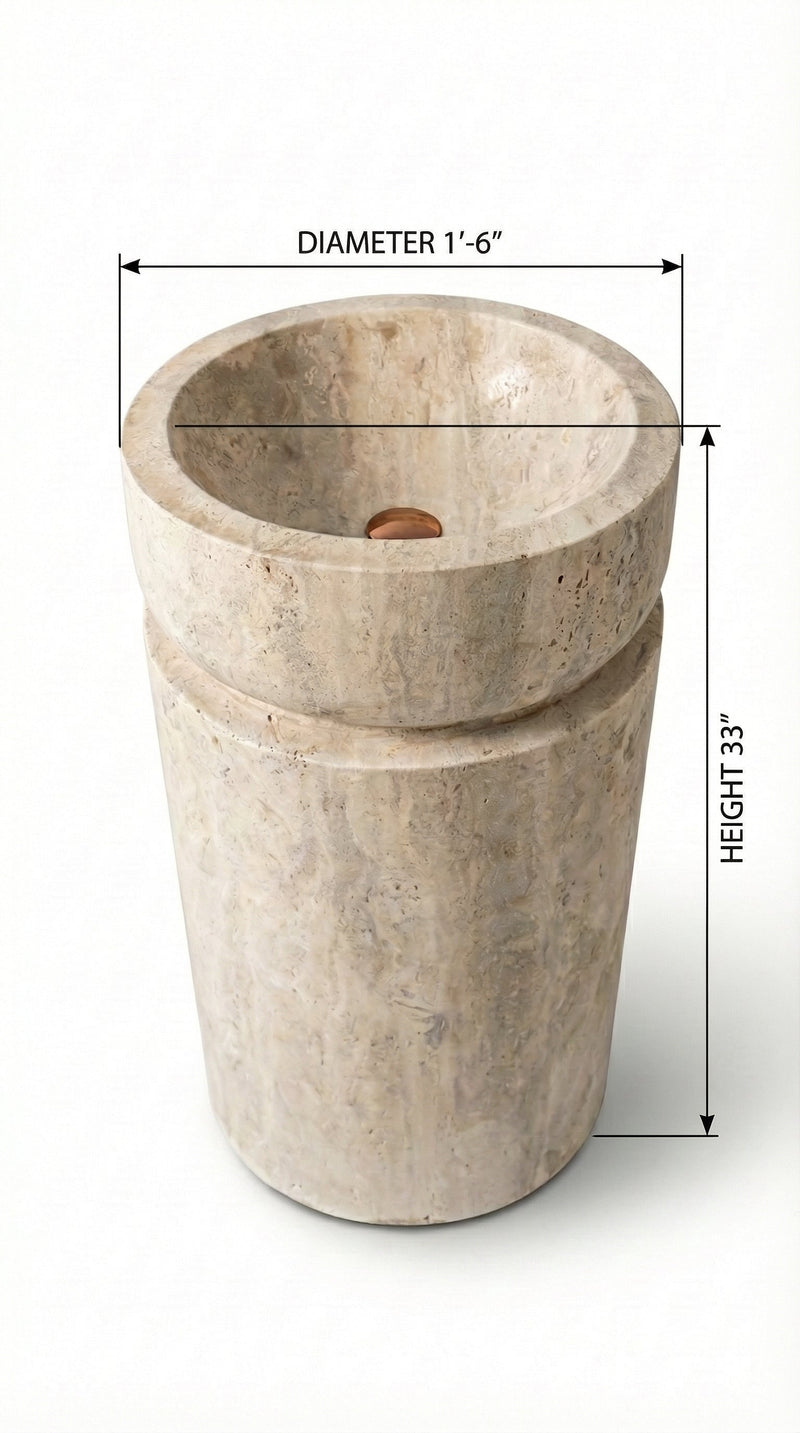 Troia Light Travertine Designer Pedestal Stand-Alone Sink (W)18" (L)18" (H)33"