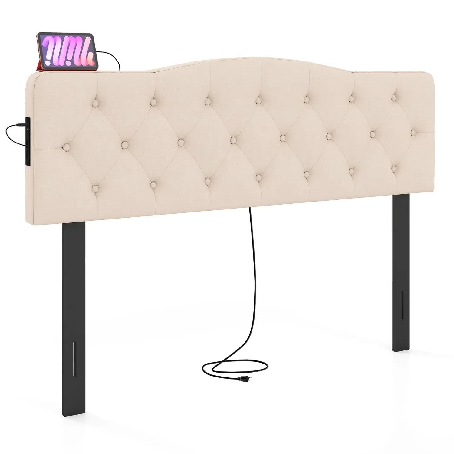 Tufted Upholstered Head Board for Queen and Full Size Bed with 2 AC Outlets by DirectDeals