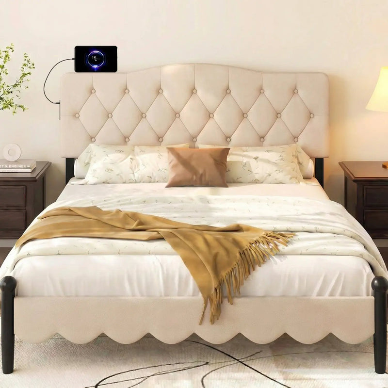 Tufted Upholstered Head Board for Queen and Full Size Bed with 2 AC Outlets by DirectDeals